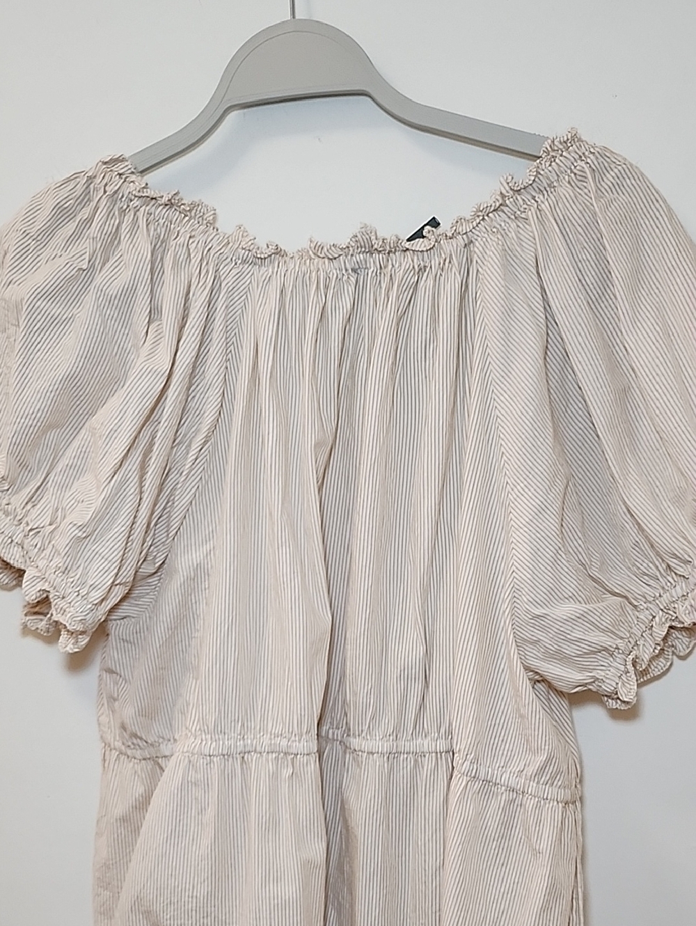 Anthropologie Puff-Sleeve Embroidered Babydoll Top tan and cream stripes Sz XL - Picture 13 of 16
